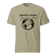 Black ink illustration of Earth with a bandage on its forehead beneath two raining clouds and the words “Apathy Sucks,” shown on a t-shirt.