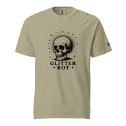 Black ink vintage-style illustration of a weathered human skull surrounded by a celestial halo of stars above the words "Glitter Rot" in bold serif lettering on a t-shirt.