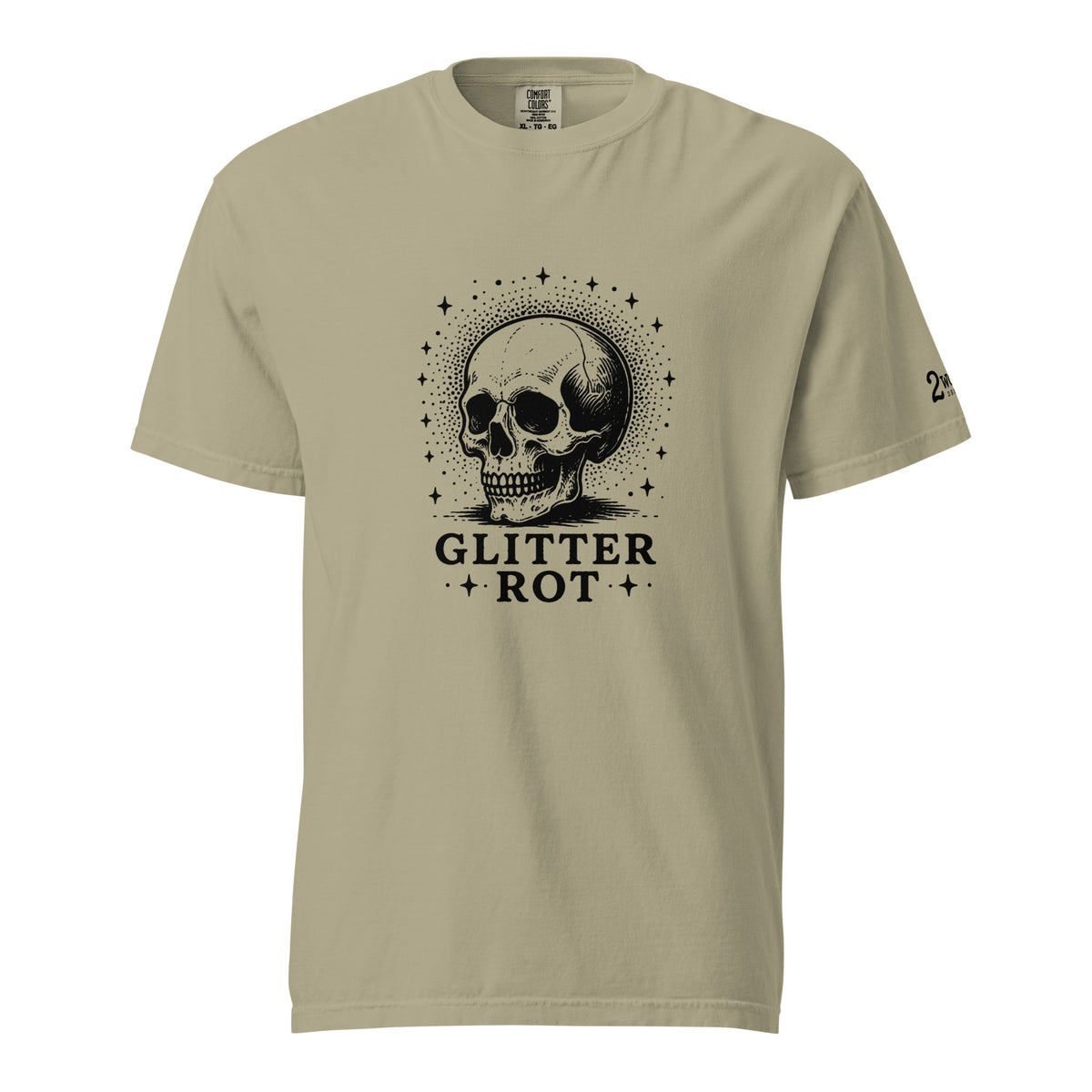 Black ink vintage-style illustration of a weathered human skull surrounded by a celestial halo of stars above the words "Glitter Rot" in bold serif lettering on a t-shirt.