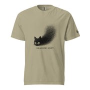 Shadow Soft black cat illustration with wide eyes disappearing into a large stippled black shadow, with vintage typography on a t-shirt.