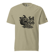 Spill Guts black ink illustration of an expressive carved jack-o'-lantern spilling stringy pumpkin pulp and seeds from its mouth beside decorative hand-lettered text on a unisex t-shirt.