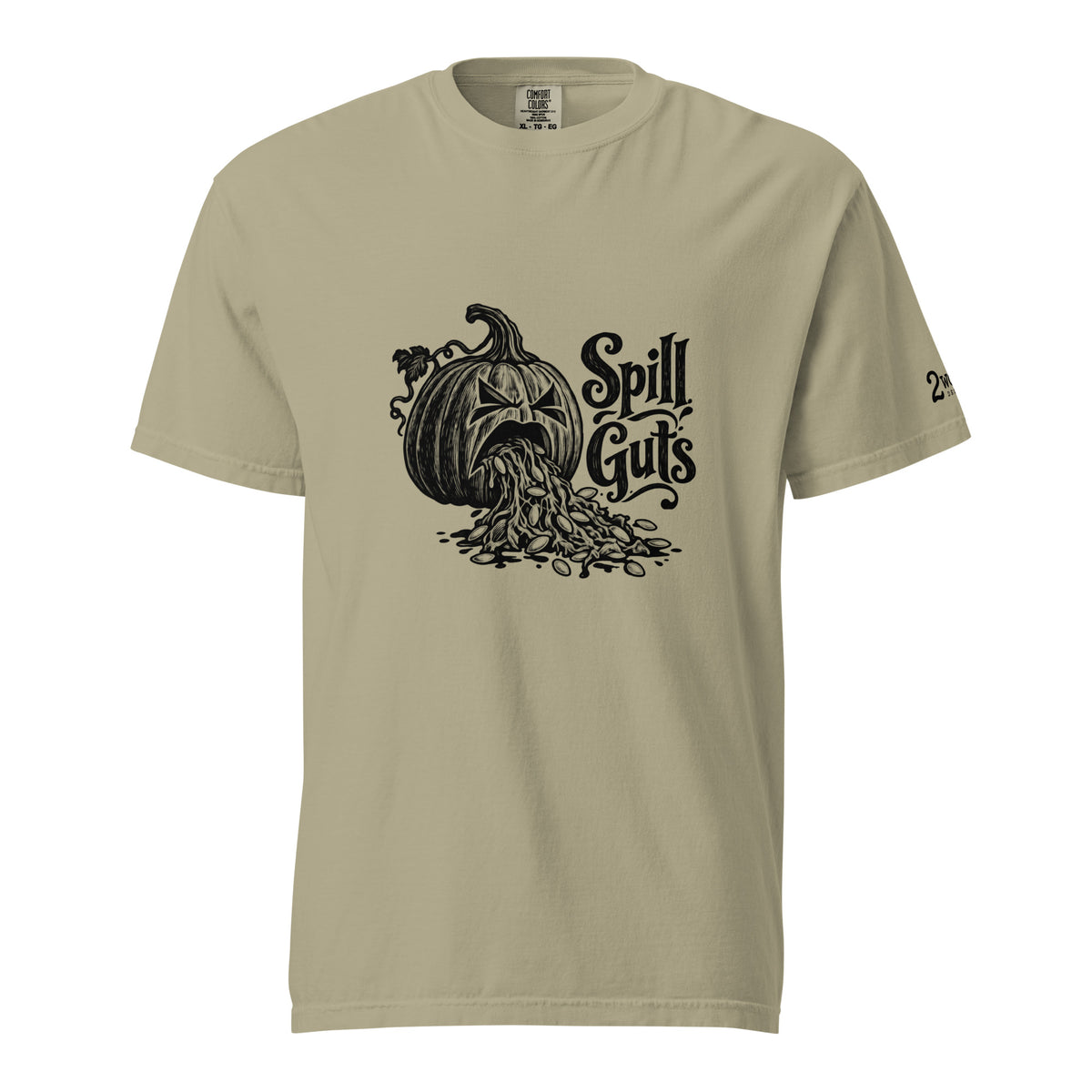 Spill Guts black ink illustration of an expressive carved jack-o'-lantern spilling stringy pumpkin pulp and seeds from its mouth beside decorative hand-lettered text on a unisex t-shirt.