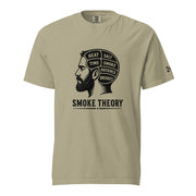 Smoke Theory t-shirt featuring a black ink illustration of a bearded man's profile with a phrenology-style head labeled Heat, Salt, Time, Smoke, Patience, and Brisket.