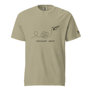 Thought Knot graphic t-shirt featuring a black-ink paper airplane and looping dotted flight path illustrating overthinking.