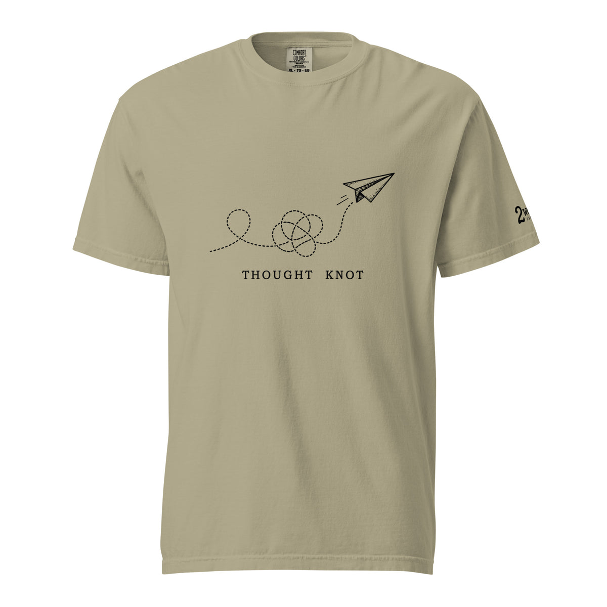 Thought Knot graphic t-shirt featuring a black-ink paper airplane and looping dotted flight path illustrating overthinking.