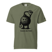 Vintage black-and-white illustration of an angry cartoon bomb pinching its own burning fuse with the words "Rage Muted" underneath.
