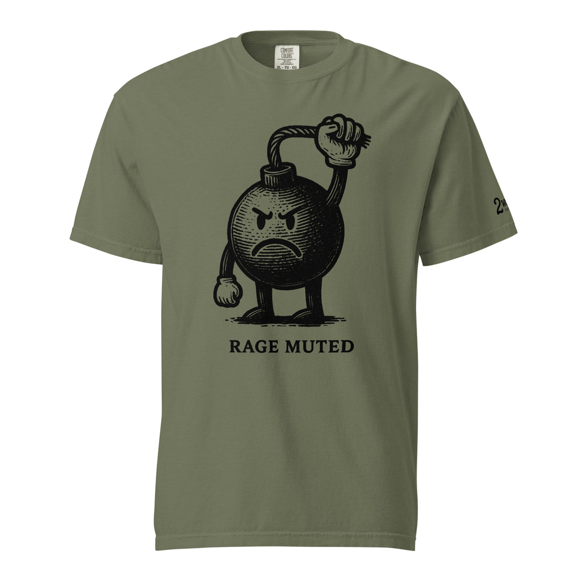 Vintage black-and-white illustration of an angry cartoon bomb pinching its own burning fuse with the words "Rage Muted" underneath.