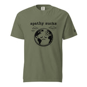 Black ink illustration of Earth with a bandage on its forehead beneath two raining clouds and the words “Apathy Sucks,” shown on a t-shirt.
