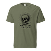 Black ink vintage-style illustration of a weathered human skull surrounded by a celestial halo of stars above the words "Glitter Rot" in bold serif lettering on a t-shirt.