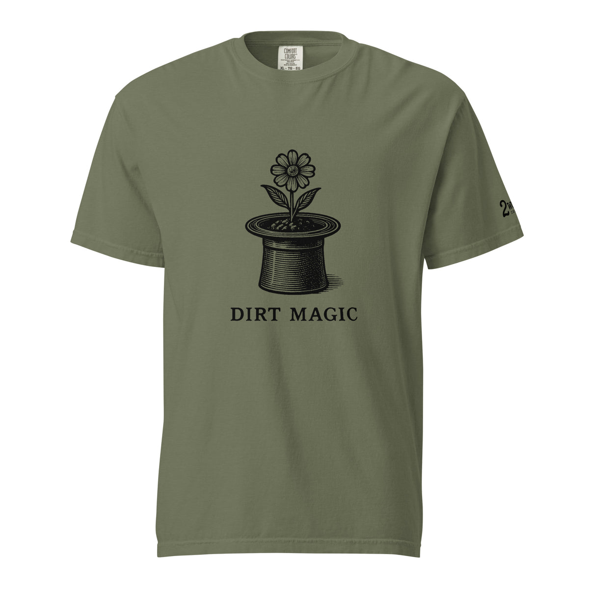 Black vintage-style illustration of a blooming flower growing from a magician's top hat with the words "Dirt Magic" beneath it, rendered in bold botanical line art inspired by classic storybook illustrations on a t-shirt.