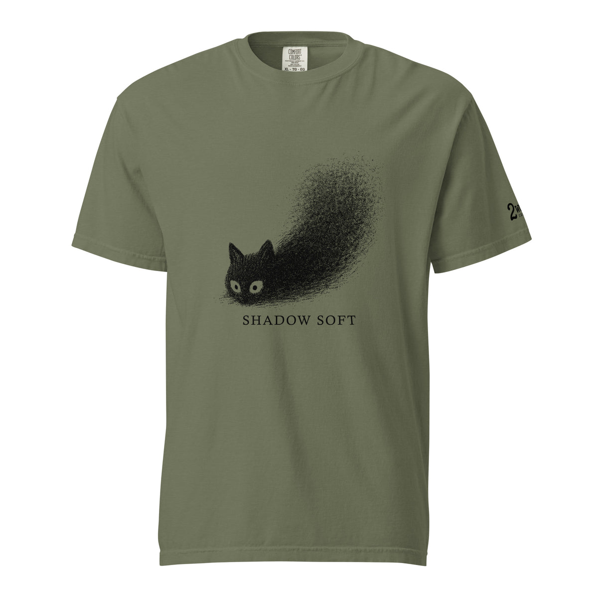 Shadow Soft black cat illustration with wide eyes disappearing into a large stippled black shadow, with vintage typography on a t-shirt.