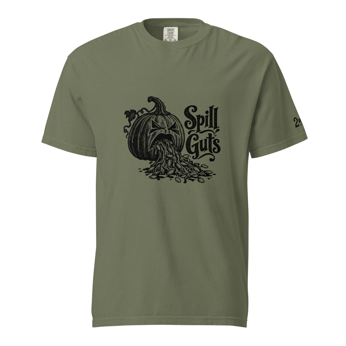 Spill Guts black ink illustration of an expressive carved jack-o'-lantern spilling stringy pumpkin pulp and seeds from its mouth beside decorative hand-lettered text on a unisex t-shirt.