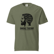 Smoke Theory t-shirt featuring a black ink illustration of a bearded man's profile with a phrenology-style head labeled Heat, Salt, Time, Smoke, Patience, and Brisket.