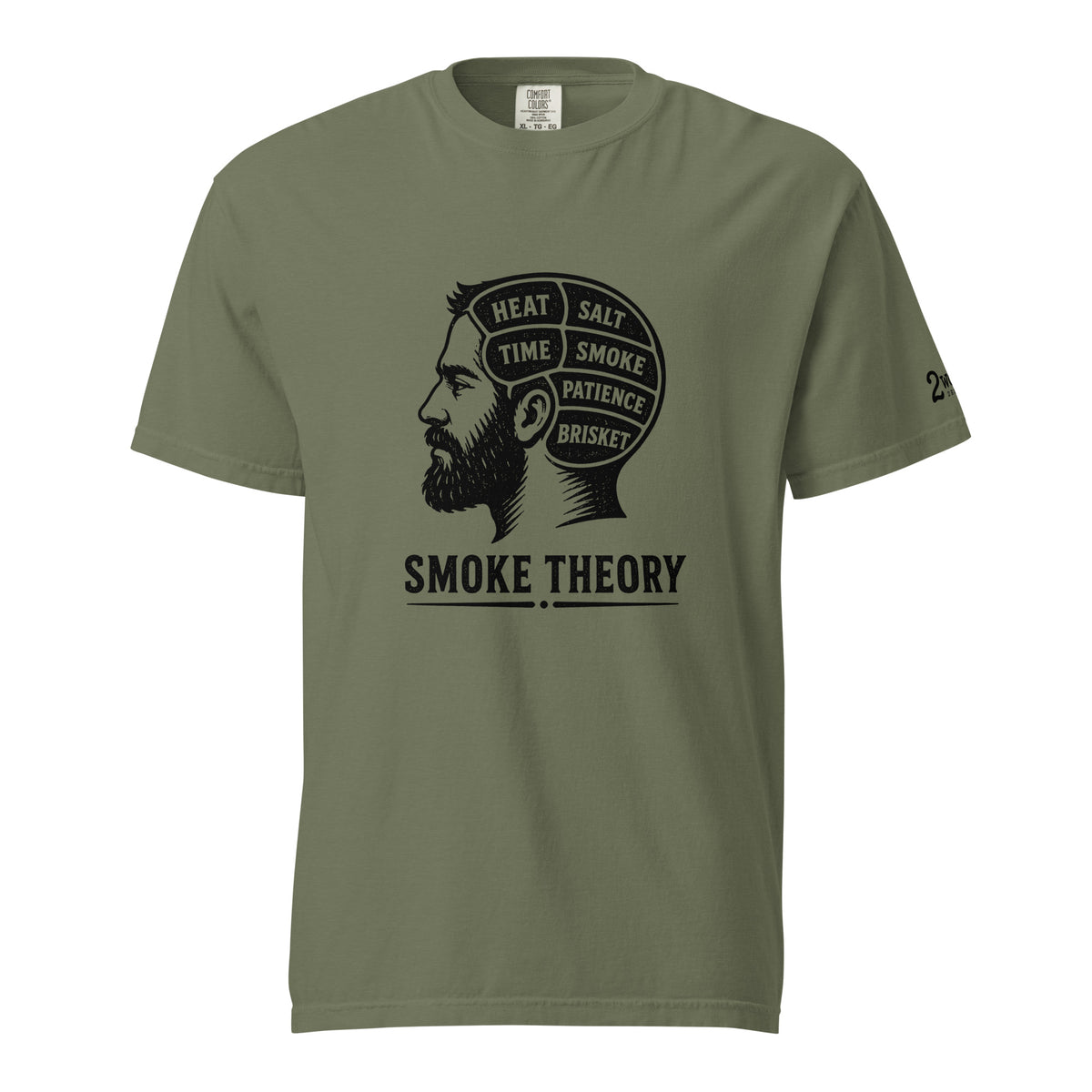 Smoke Theory t-shirt featuring a black ink illustration of a bearded man's profile with a phrenology-style head labeled Heat, Salt, Time, Smoke, Patience, and Brisket.