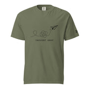 Thought Knot graphic t-shirt featuring a black-ink paper airplane and looping dotted flight path illustrating overthinking.