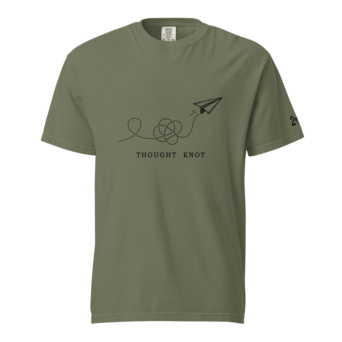 Thought Knot graphic t-shirt featuring a black-ink paper airplane and looping dotted flight path illustrating overthinking.