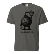 Vintage black-and-white illustration of an angry cartoon bomb pinching its own burning fuse with the words "Rage Muted" underneath.