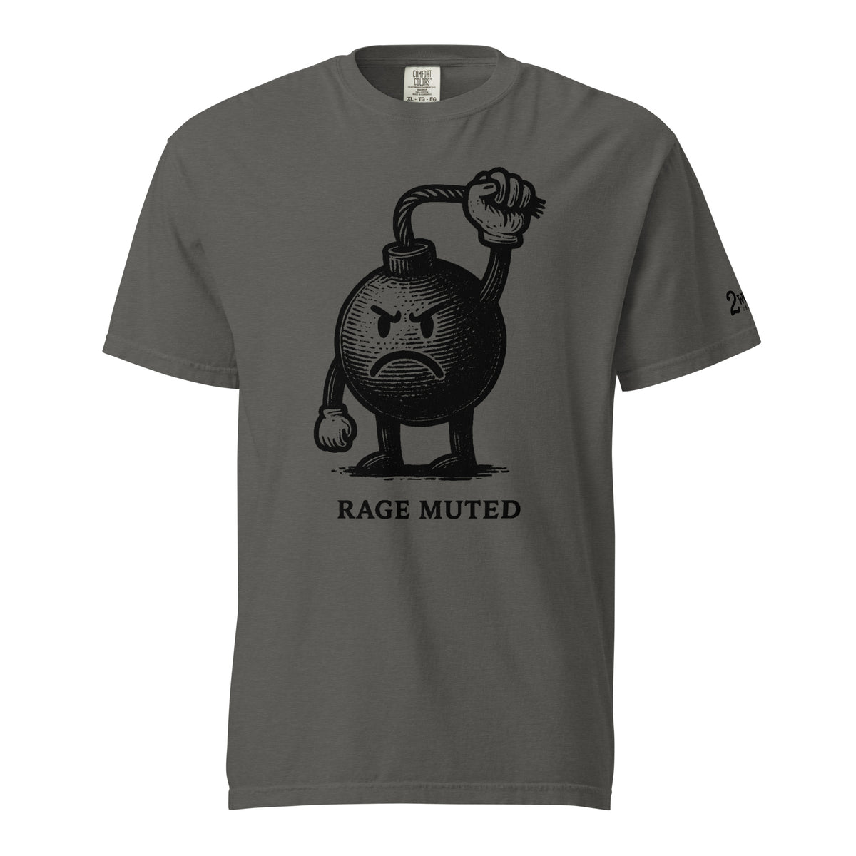 Vintage black-and-white illustration of an angry cartoon bomb pinching its own burning fuse with the words "Rage Muted" underneath.