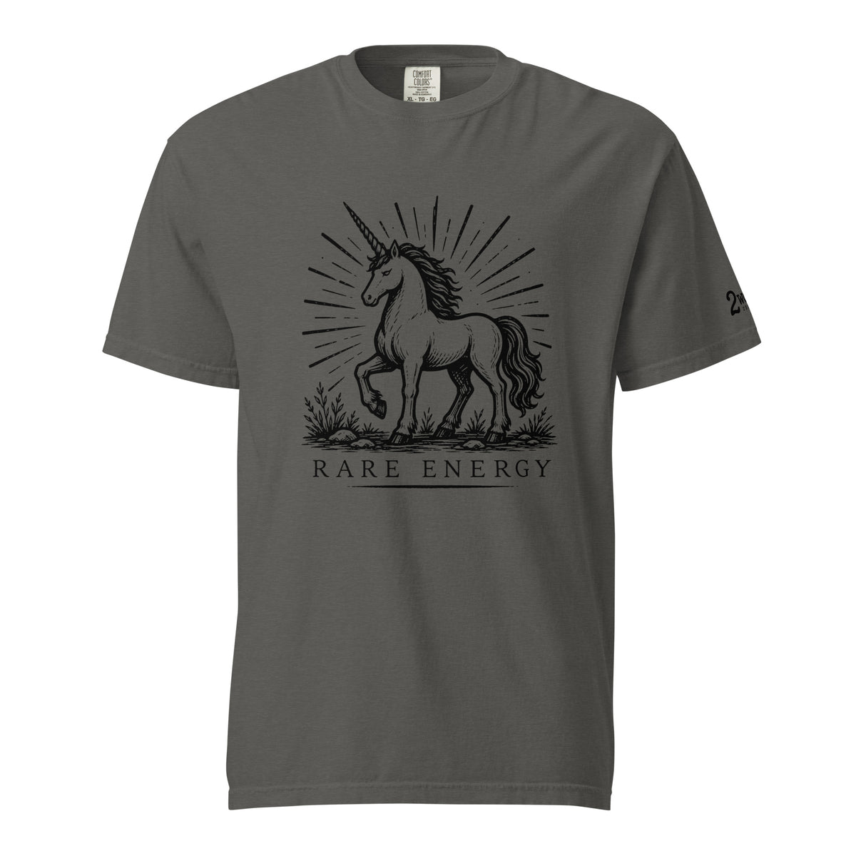 Vintage black-and-white linocut illustration of a majestic unicorn standing beneath radiant sunburst lines with the words "Rare Energy" below in classic serif typography.