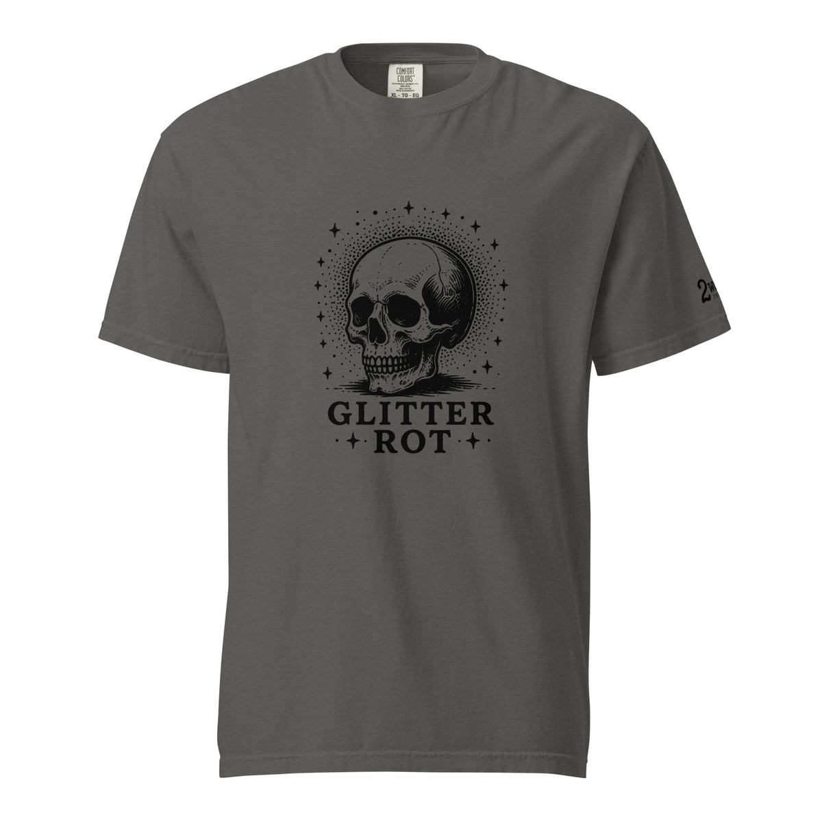 Black ink vintage-style illustration of a weathered human skull surrounded by a celestial halo of stars above the words "Glitter Rot" in bold serif lettering on a t-shirt.