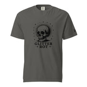 Black ink vintage-style illustration of a weathered human skull surrounded by a celestial halo of stars above the words "Glitter Rot" in bold serif lettering on a t-shirt.