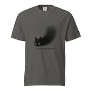 Shadow Soft black cat illustration with wide eyes disappearing into a large stippled black shadow, with vintage typography on a t-shirt.