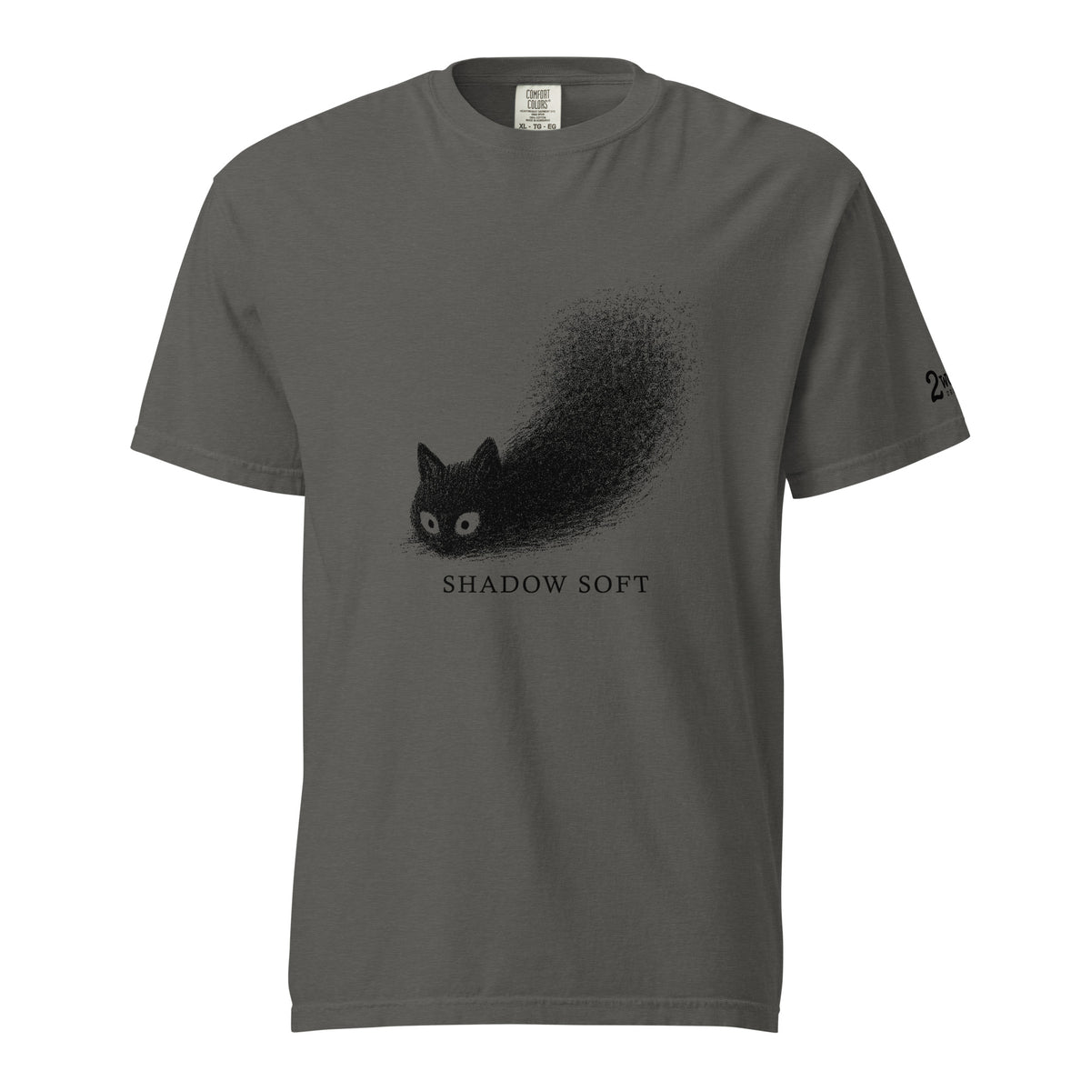 Shadow Soft black cat illustration with wide eyes disappearing into a large stippled black shadow, with vintage typography on a t-shirt.