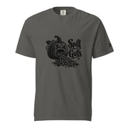 Spill Guts black ink illustration of an expressive carved jack-o'-lantern spilling stringy pumpkin pulp and seeds from its mouth beside decorative hand-lettered text on a unisex t-shirt.