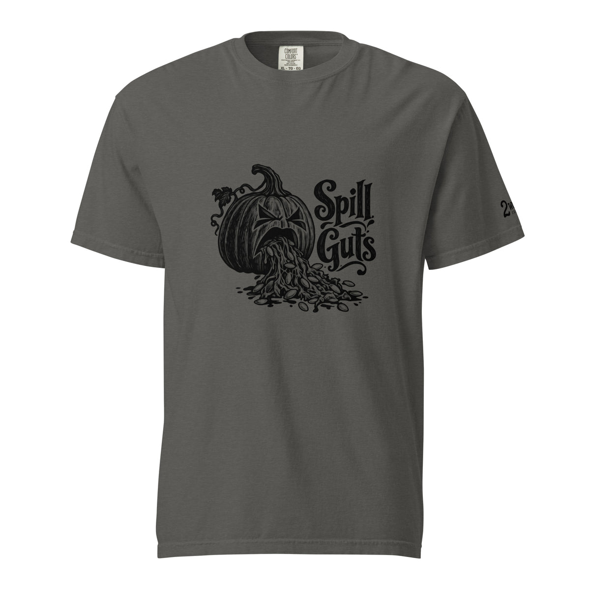 Spill Guts black ink illustration of an expressive carved jack-o'-lantern spilling stringy pumpkin pulp and seeds from its mouth beside decorative hand-lettered text on a unisex t-shirt.