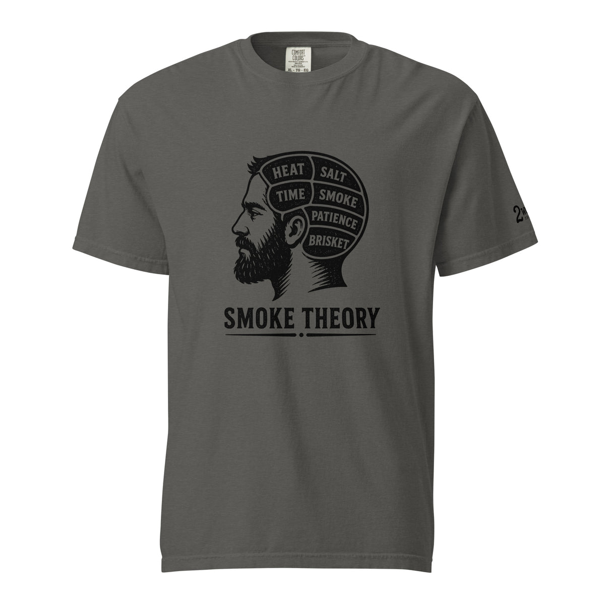 Smoke Theory t-shirt featuring a black ink illustration of a bearded man's profile with a phrenology-style head labeled Heat, Salt, Time, Smoke, Patience, and Brisket.