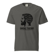 Smoke Theory t-shirt featuring a black ink illustration of a bearded man's profile with a phrenology-style head labeled Heat, Salt, Time, Smoke, Patience, and Brisket.