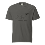 Thought Knot graphic t-shirt featuring a black-ink paper airplane and looping dotted flight path illustrating overthinking.