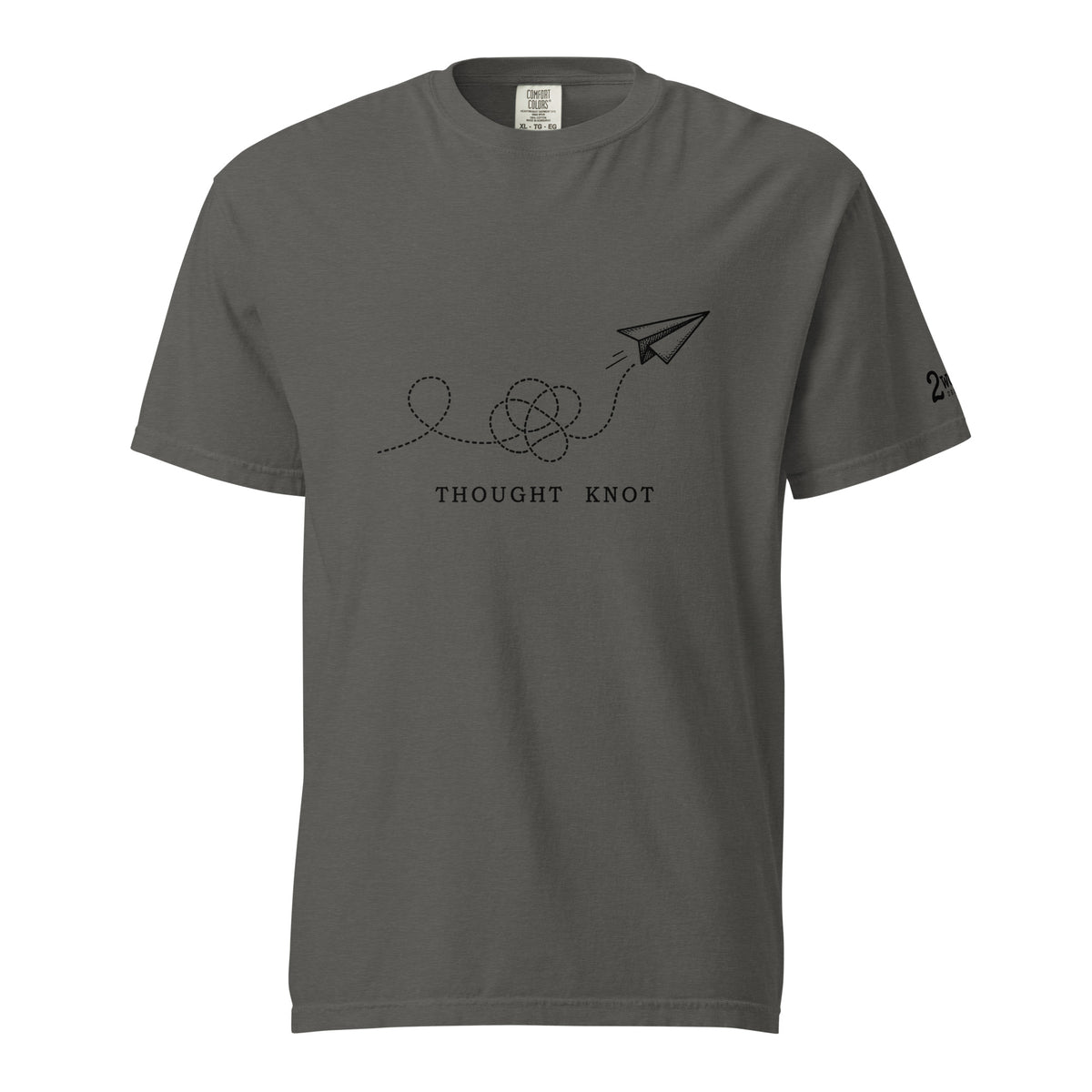Thought Knot graphic t-shirt featuring a black-ink paper airplane and looping dotted flight path illustrating overthinking.