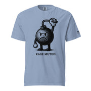 Vintage black-and-white illustration of an angry cartoon bomb pinching its own burning fuse with the words "Rage Muted" underneath.