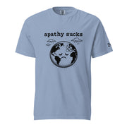 Black ink illustration of Earth with a bandage on its forehead beneath two raining clouds and the words “Apathy Sucks,” shown on a t-shirt.