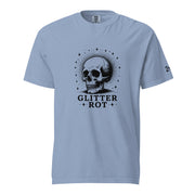 Black ink vintage-style illustration of a weathered human skull surrounded by a celestial halo of stars above the words "Glitter Rot" in bold serif lettering on a t-shirt.