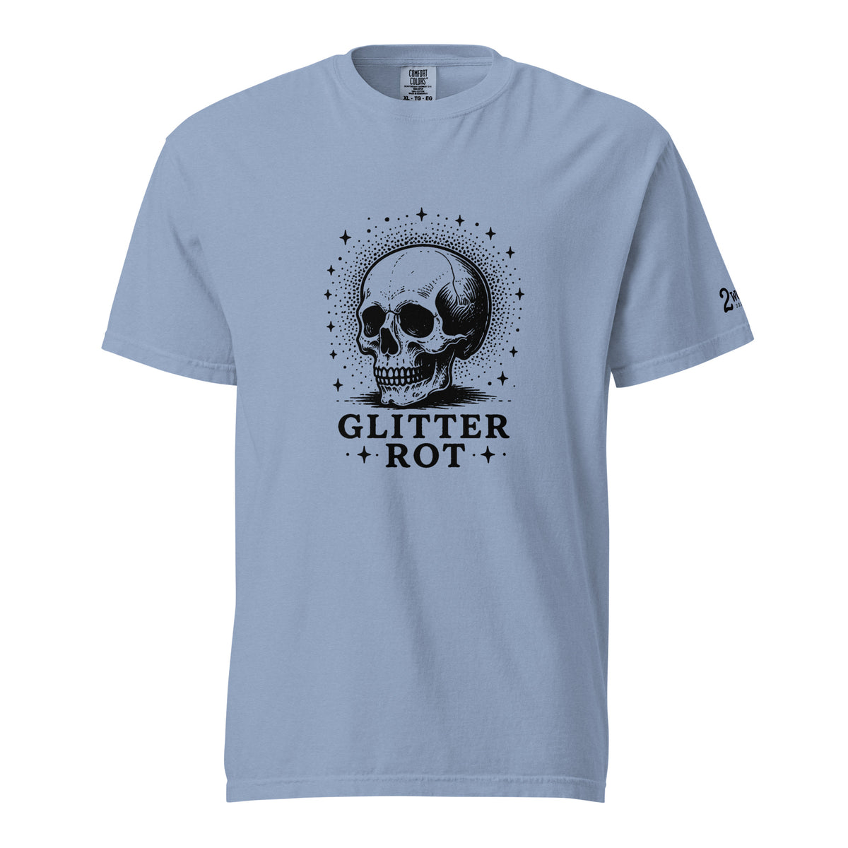 Black ink vintage-style illustration of a weathered human skull surrounded by a celestial halo of stars above the words "Glitter Rot" in bold serif lettering on a t-shirt.
