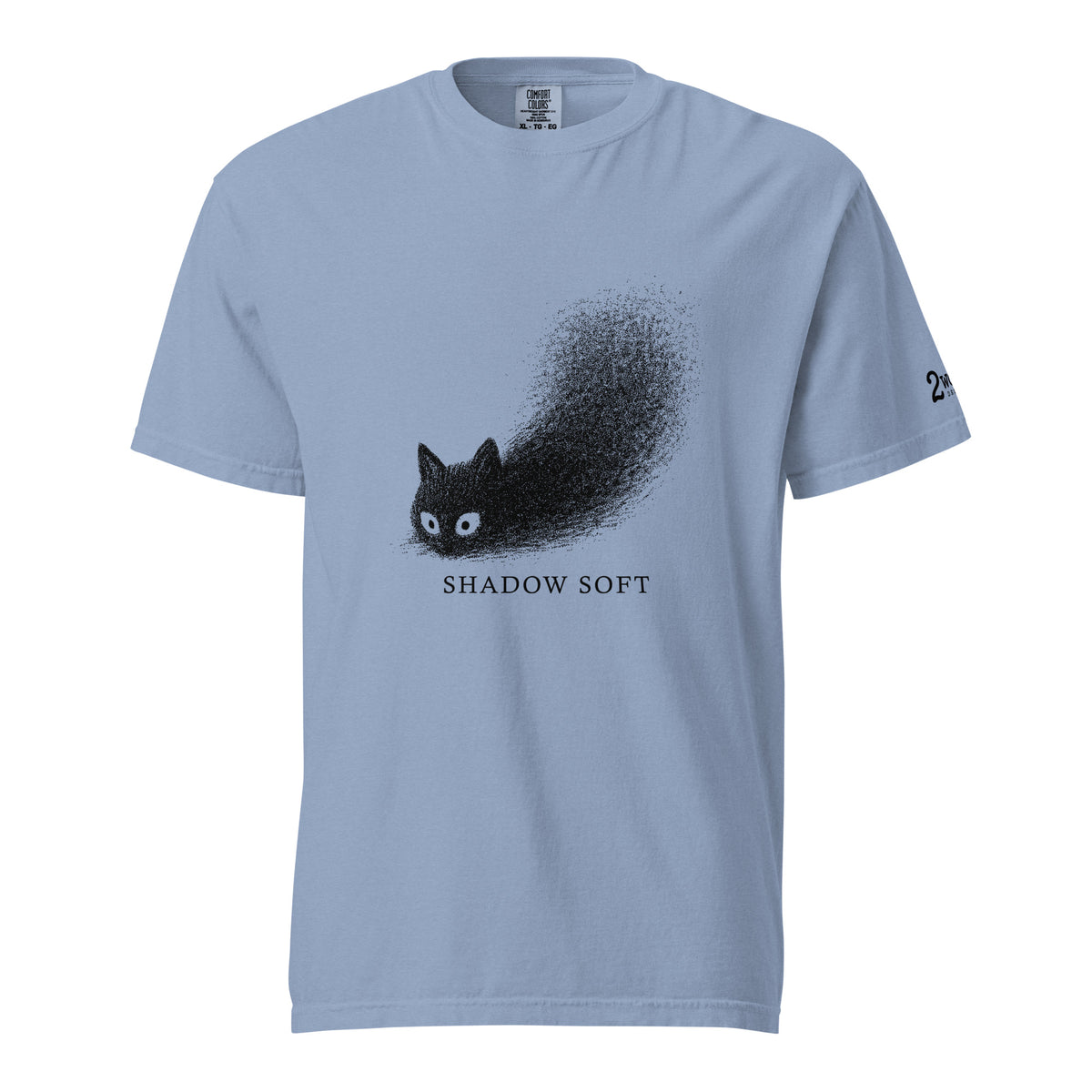 Shadow Soft black cat illustration with wide eyes disappearing into a large stippled black shadow, with vintage typography on a t-shirt.