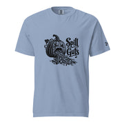 Spill Guts black ink illustration of an expressive carved jack-o'-lantern spilling stringy pumpkin pulp and seeds from its mouth beside decorative hand-lettered text on a unisex t-shirt.