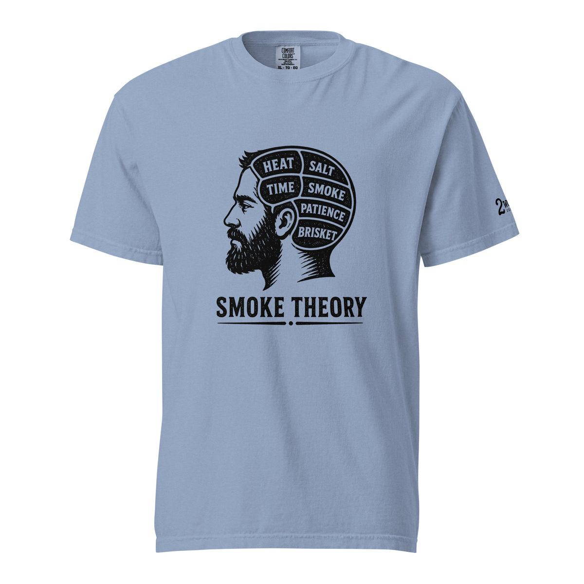 Smoke Theory t-shirt featuring a black ink illustration of a bearded man's profile with a phrenology-style head labeled Heat, Salt, Time, Smoke, Patience, and Brisket.