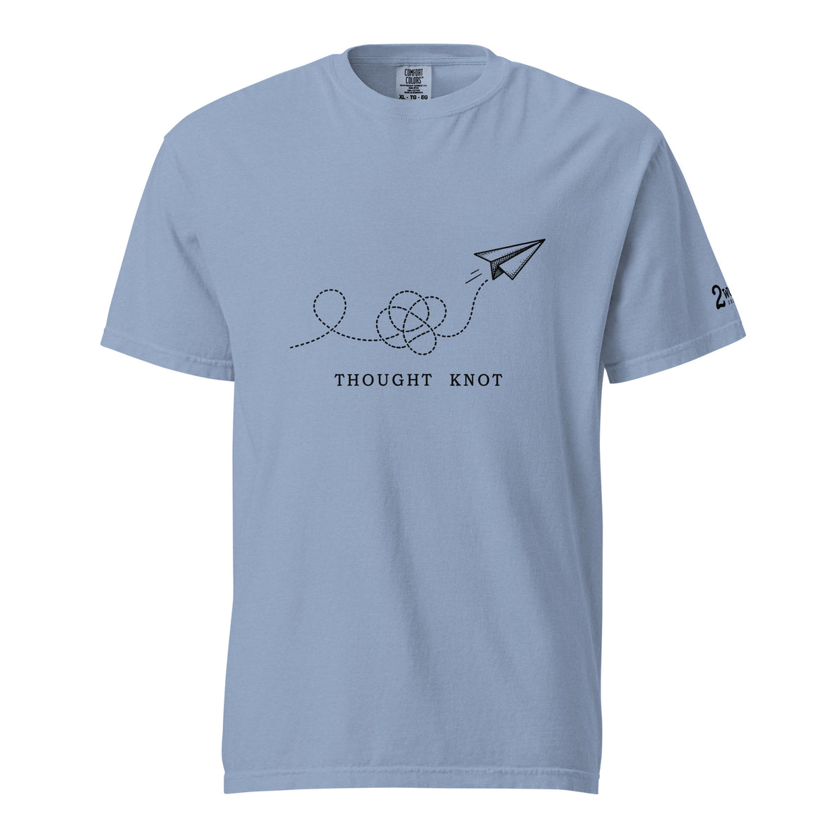 Thought Knot graphic t-shirt featuring a black-ink paper airplane and looping dotted flight path illustrating overthinking.