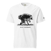 Vintage black-and-white illustration of a raccoon walking above the words "Built Different."