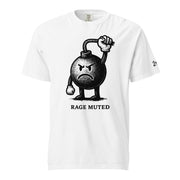 Vintage black-and-white illustration of an angry cartoon bomb pinching its own burning fuse with the words "Rage Muted" underneath.