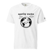 Black ink illustration of Earth with a bandage on its forehead beneath two raining clouds and the words “Apathy Sucks,” shown on a t-shirt.