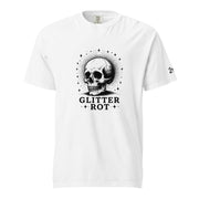 Black ink vintage-style illustration of a weathered human skull surrounded by a celestial halo of stars above the words "Glitter Rot" in bold serif lettering on a t-shirt.