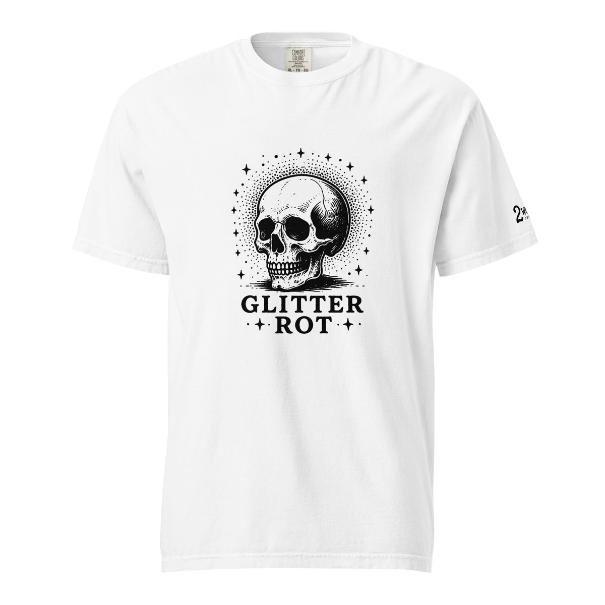 Black ink vintage-style illustration of a weathered human skull surrounded by a celestial halo of stars above the words "Glitter Rot" in bold serif lettering on a t-shirt.