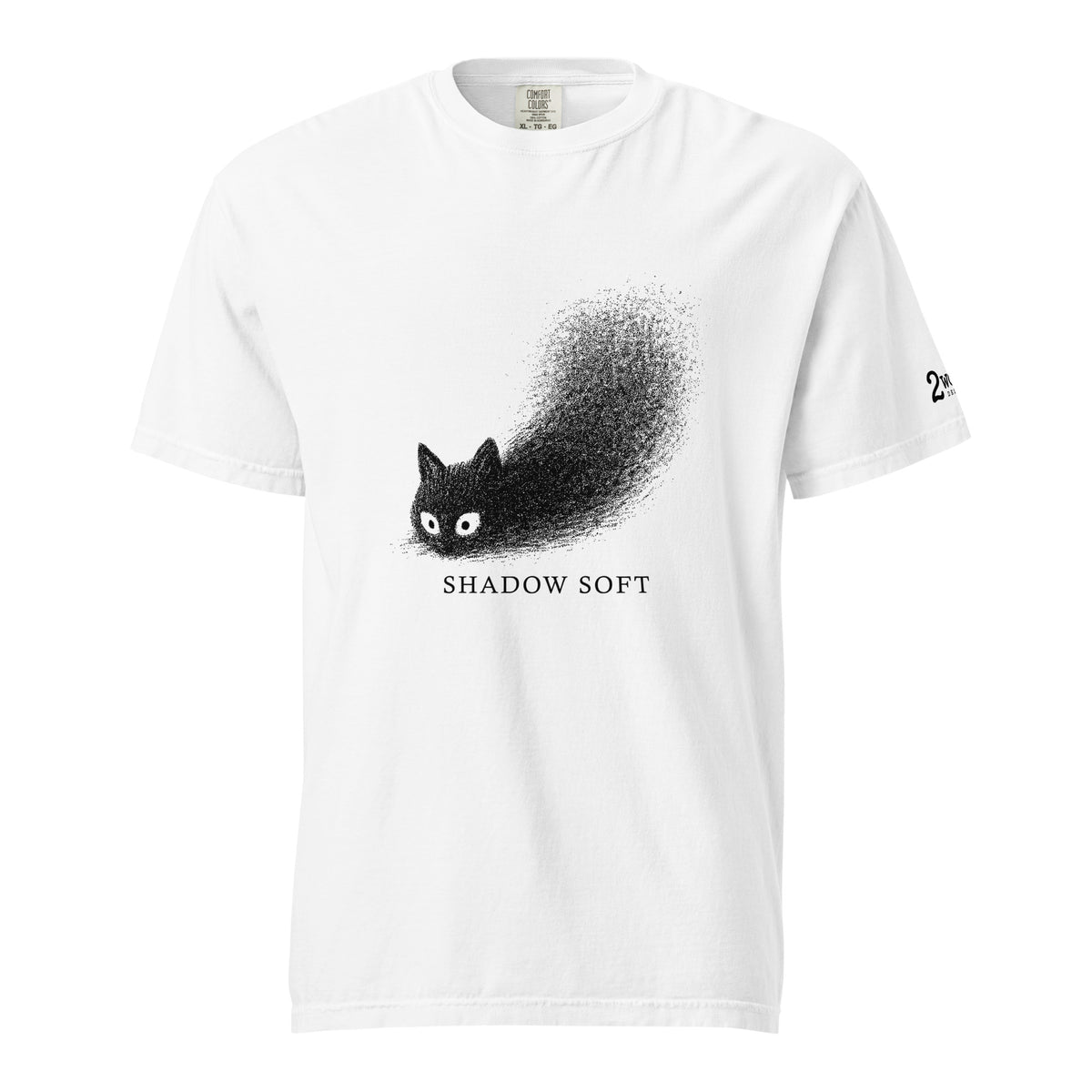 Shadow Soft black cat illustration with wide eyes disappearing into a large stippled black shadow, with vintage typography on a t-shirt.