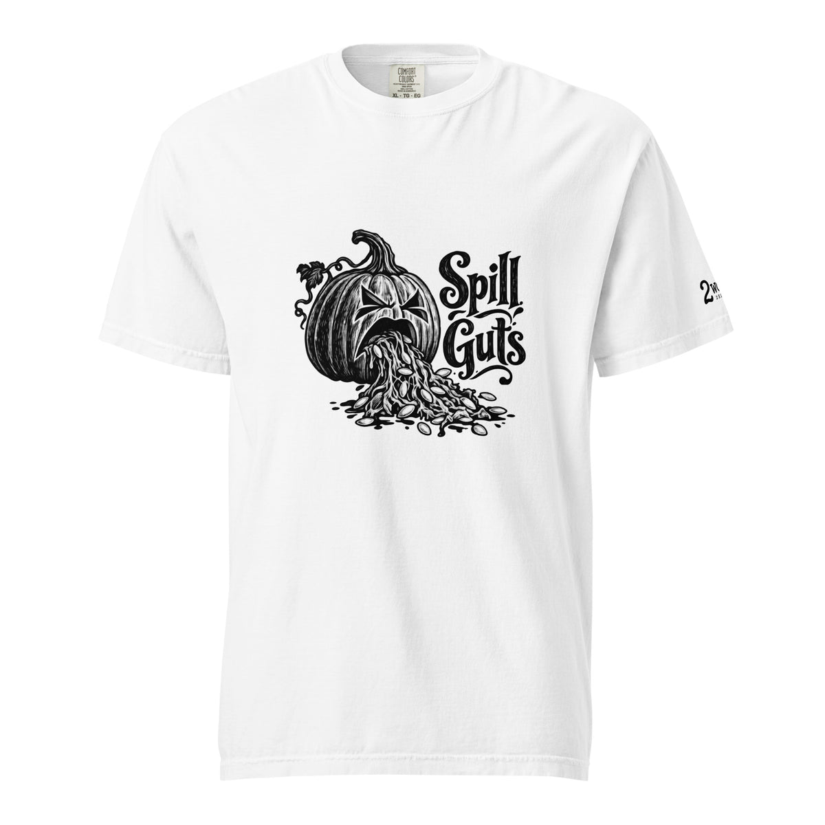 Spill Guts black ink illustration of an expressive carved jack-o'-lantern spilling stringy pumpkin pulp and seeds from its mouth beside decorative hand-lettered text on a unisex t-shirt.