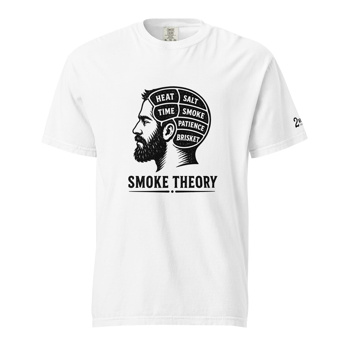 Smoke Theory t-shirt featuring a black ink illustration of a bearded man's profile with a phrenology-style head labeled Heat, Salt, Time, Smoke, Patience, and Brisket.