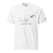 Thought Knot graphic t-shirt featuring a black-ink paper airplane and looping dotted flight path illustrating overthinking.